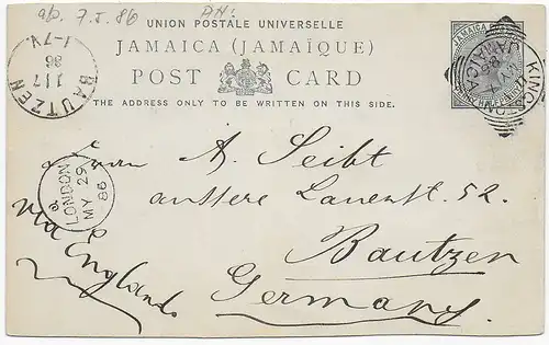 Post card 1886 from Kingston Jamaica to Bautzen/Germany via London
