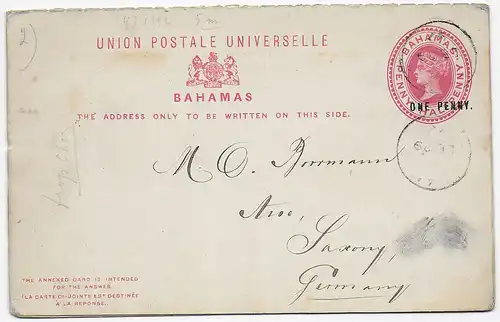 Bahmas post card with reply card, 1893