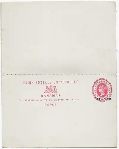 Bahmas post card with reply card, 1893