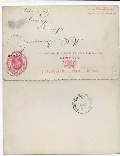 Bahmas post card with reply card, 1893