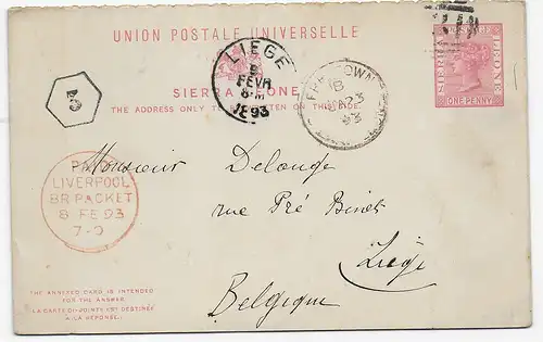 Sierra Leone, Freetown post card with reply card to Belgium, Liège 1893