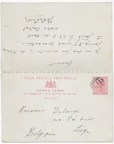 Sierra Leone, Freetown post card with reply card to Belgium, Liège 1893