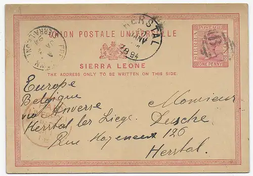 Sierra Leone, Freetown post card 1894 to Belgium/Herstal
