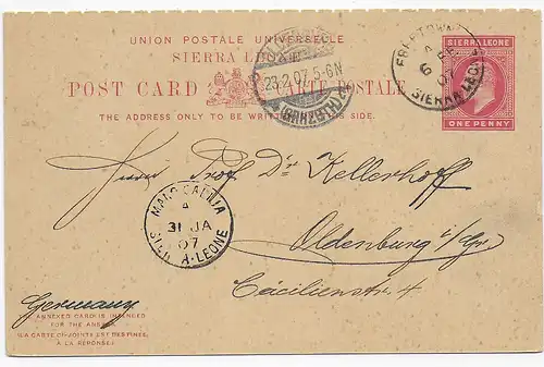 Sierra Leone, Mano Salija post card with reply card Germany Oldenburg, 1907