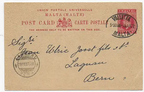 Post card Valetta to Langnau/Bern, 1907