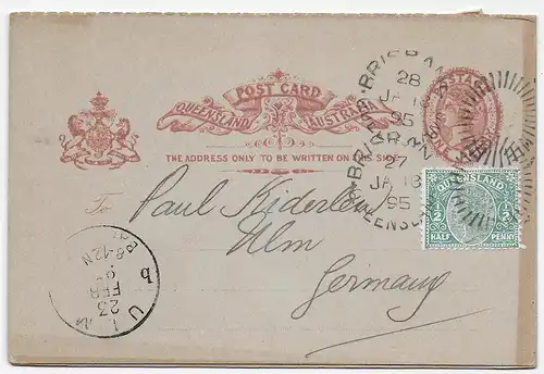post card Brisbane 1895 to Ulm, reply card