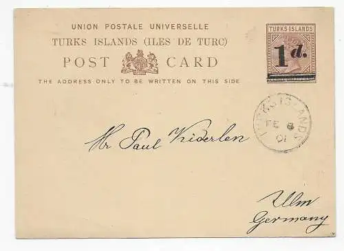 Post card Turks Islands to Ulm/Bermany, 1901, no text