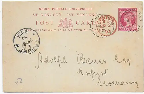 Post card St. Vincent, 1893 to Erfurt/Germany