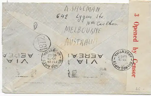 Air mail Melbourne, 1942 to Buenos Aires, Zensor