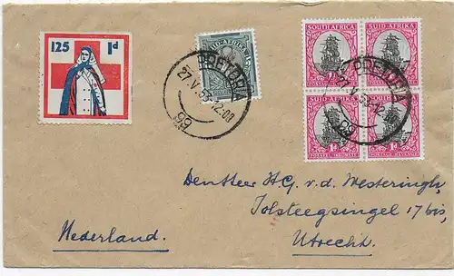 Pretoria, 1953 to Utrecht, Netherlands, Vignette Red Cross