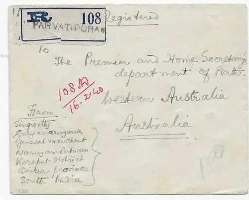 Einschreiben Parvatipuran 1940 to Australia