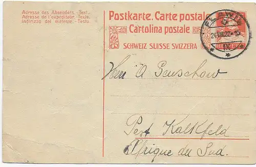 Postkarte aus Flawil, 1922 nach Kalkfeld, Südafrika