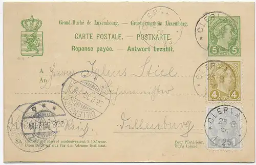 Doppelkarte mit Antwortkarte, Clervaux 1896 nach Dillenburg