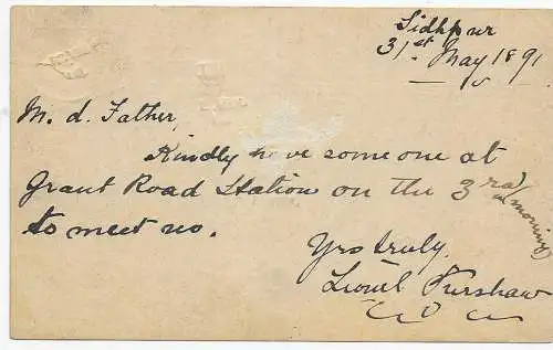 Post card Mazgaon, Bombay, 1891