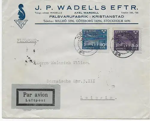 Lufpost 1936 de Kristianstad à Leipzig