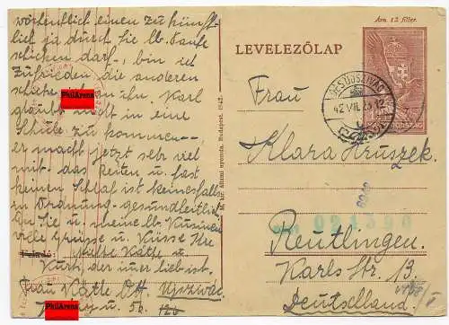 Postkarte nach Reutlingen mit OKW Zensur