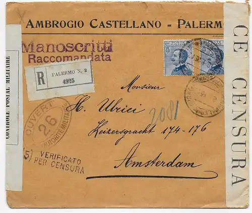 Einschreiben Palermo, 1919 nach Amsterdam. Italienische und Französiche Zensur