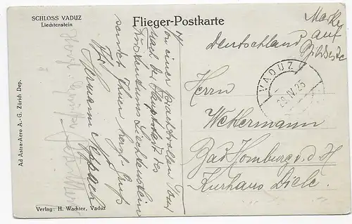 Carte postale aérienne du château Vaduz, 1925, Mi Nr. 53