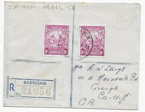 Poste aérien recommandé Barbade vers Cardiff 1946