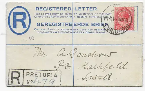 Einschreiben Pretoria nach Kalkfeld, 1917