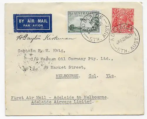 Luftpost Adelaide nach Melbourne, 1926, Unterschrift des Piloten
