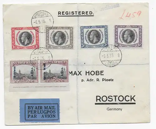 Inscrivez-vous à l'adresse suivante: air mail Windhoek d'après Rostock, 1935
