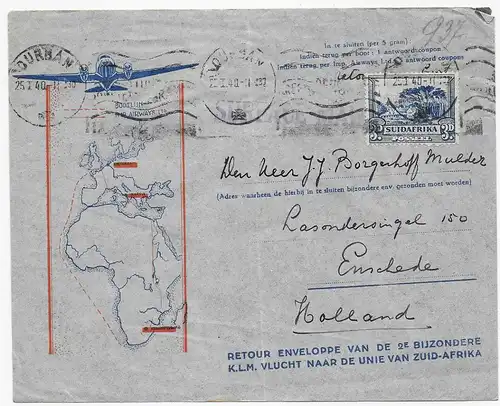 Brief aus Dourban, Surface Mail nach Enschede/NL, 1940