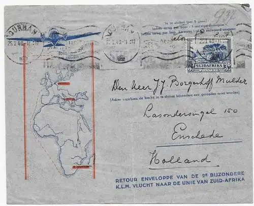 Lettre de Durban, Surface Mail vers Enschede/NL, 1940