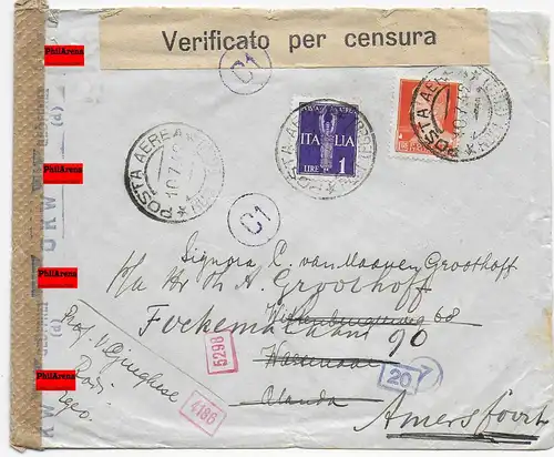 Poste aérien Rome 1942 avec censure allemande et italienne