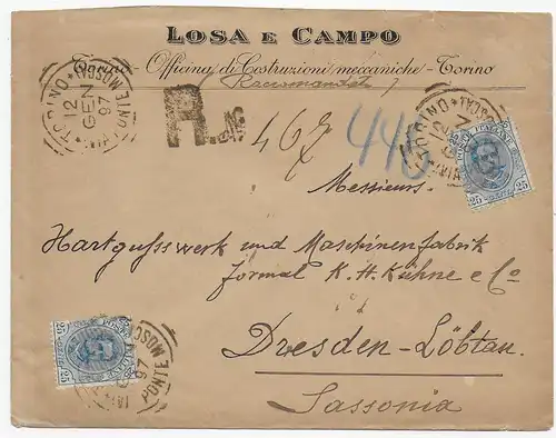 Einschreiben Torino 1897 nach Dresden