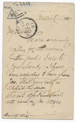 Post card London 1877 - Dévaluation ultérieure