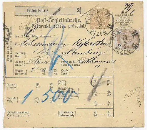 Paketkarte Pilsen, 1895 nach Leipzig