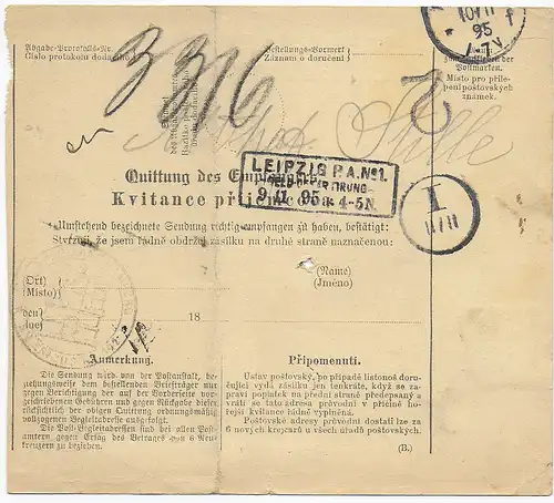 Carte de colis Pilsen, 1895 vers Leipzig