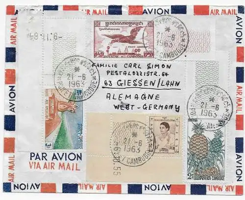 Air Mail Cambodge 1963 après coulée: motif ananas, oiseau