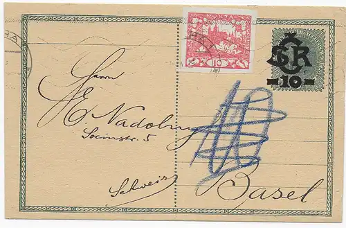 Postkarte Prag-Weinberge in die Schweiz/Basel 1919