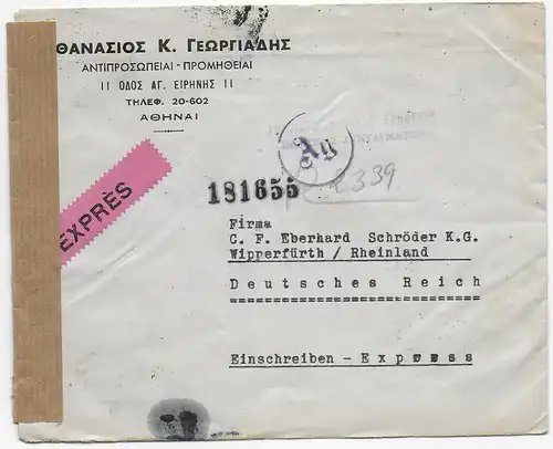 Eilbotenbrief mit Zensur Athen nach Wipperfürth, 1944