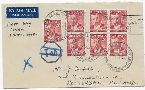 FDC - air Mail Melbourne vers Rotterdam, 1948, arrière Kangourou