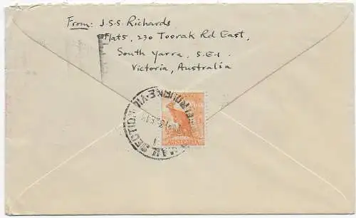 FDC - air Mail Melbourne nach Rotterdam, 1948, rückseitig Känguru