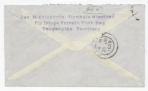 Air mail, courrier privé bag, territoire de Tanganyika, Ilembla Mission 1937 à Berlin