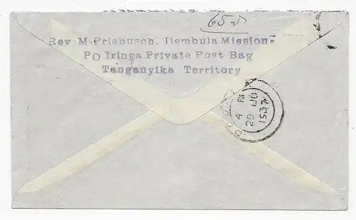 Air mail, private post bag, Tanganyika Territory, Ilembla Mission 1937 to Berlin