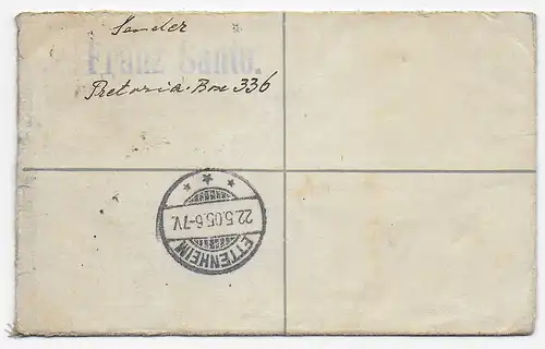Registered letter 1905 Transvaal vers Ettenheim