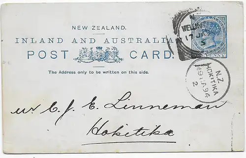 Werbekarte 1894 Wellington nach Hokitika