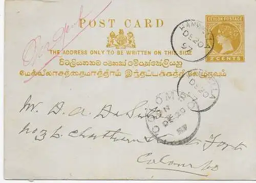Carte postale 1897 vers Colombo. .