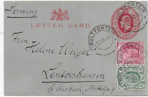 Letter card Bultfontein 1911 to Lentershausen/Ansbach