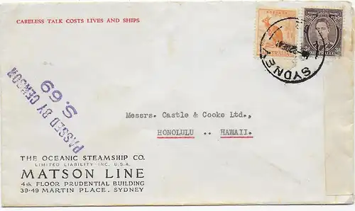 Sydney to Honolulu/Hawaï, 1941, 2x centorship: US and Australia