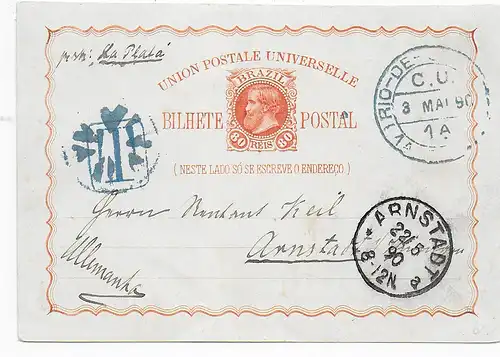 Post card Rio de Janeiro 1890 to Arnstadt/Germany: Taxe