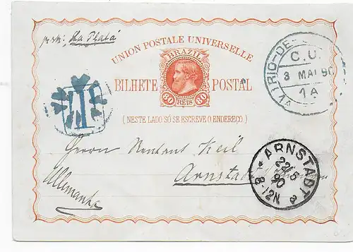 post card Rio de Janeiro 1890 to Arnstadt/Germany: Taxe