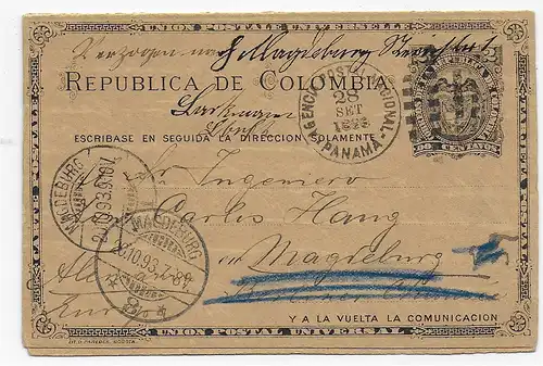 Columbia: Postcard with reply Panama to Magdeburg: 1893