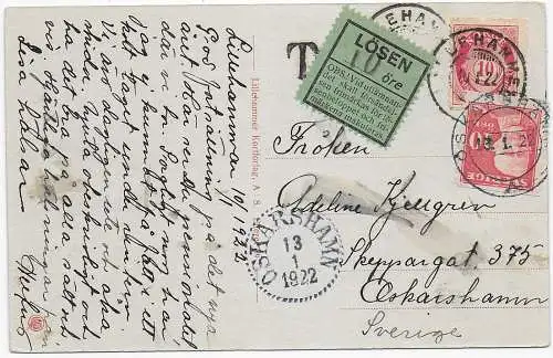 Oskarshamn 1922, post card Lillehammer to Sweden, Taxe, Sole pensionat