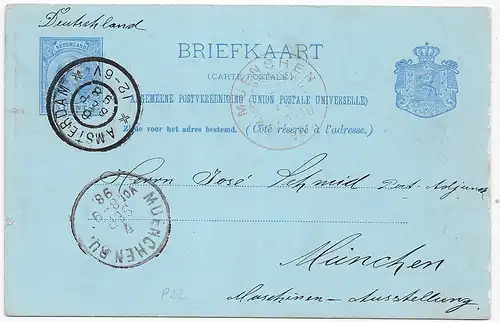 post card Wilhelmina I, Amsterdam 1898, P22, nach München Maschinenausstellung